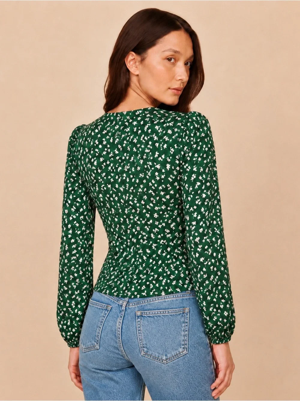 Reformation Nell Top Annette Green Floral Puff Sleeve Blouse S